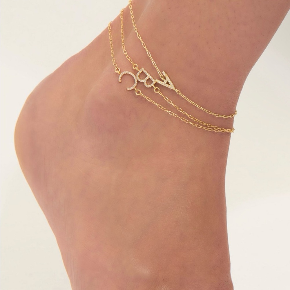 Adornia Gold Cubic Zirconia Pave Sideways Initial Anklet #46B - Picture 2 of 3